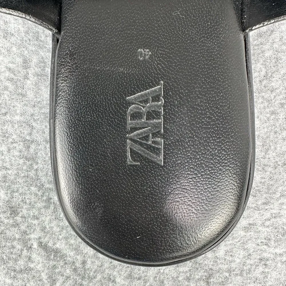 Zara Leather Sandals Womens EU 40 US 9 Black Strappy Casual Slide On Minimalist - Picture 4 of 13